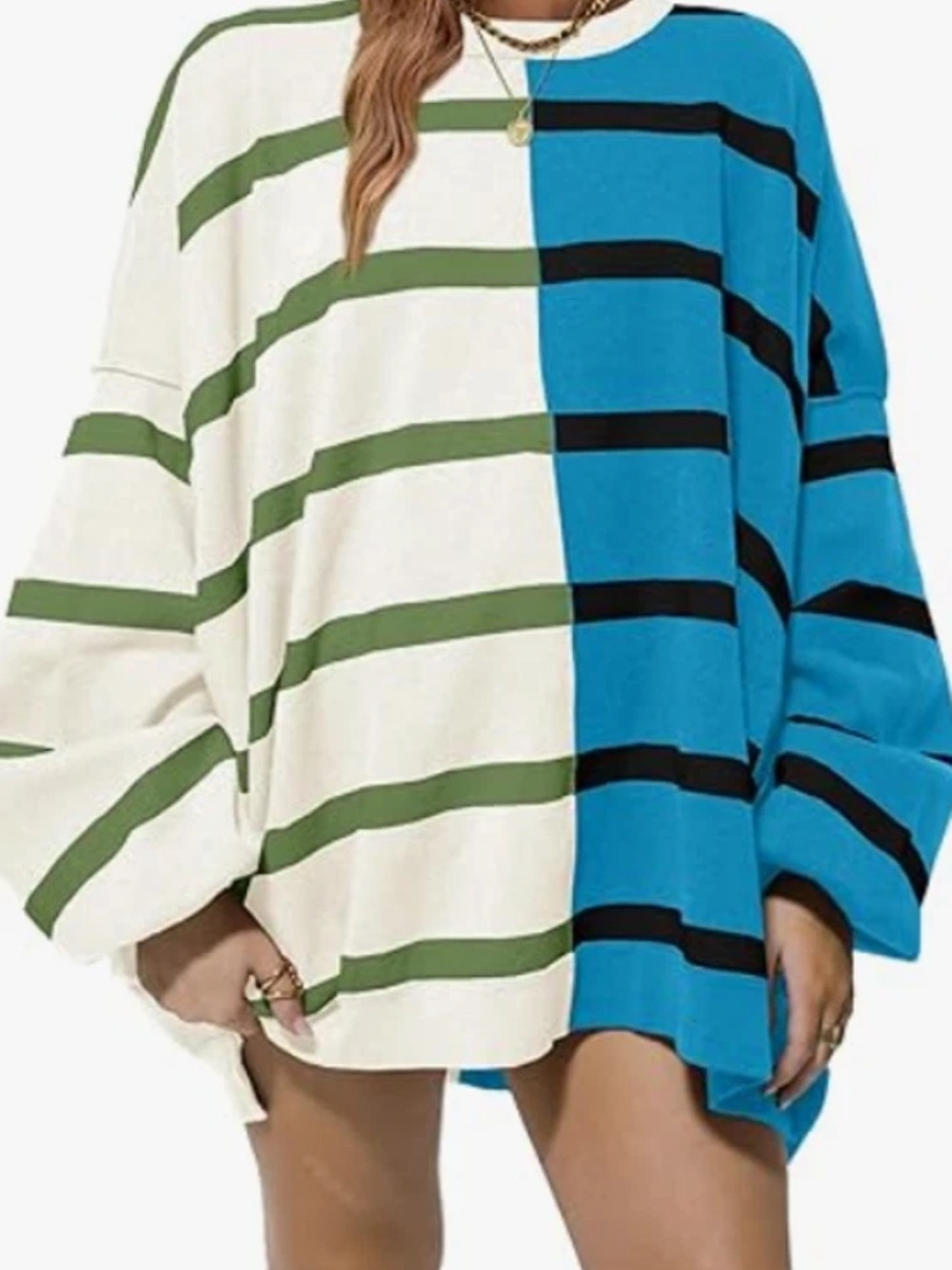 Free People Blue, White & Green Striped Oversized Sweatshirt